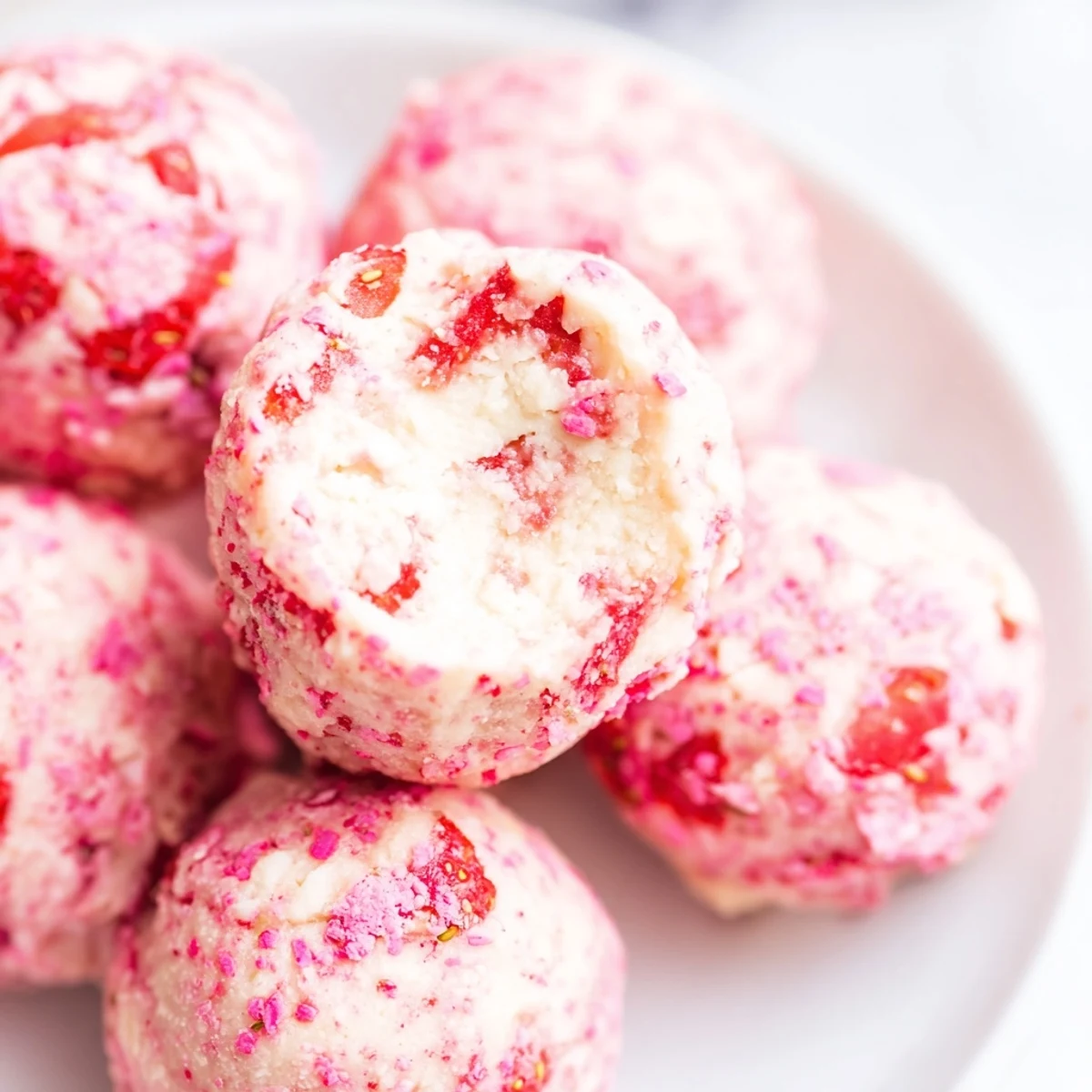 Homemade keto strawberry cheesecake fat bombs rolled in pink strawberry coating ready for chilled storage