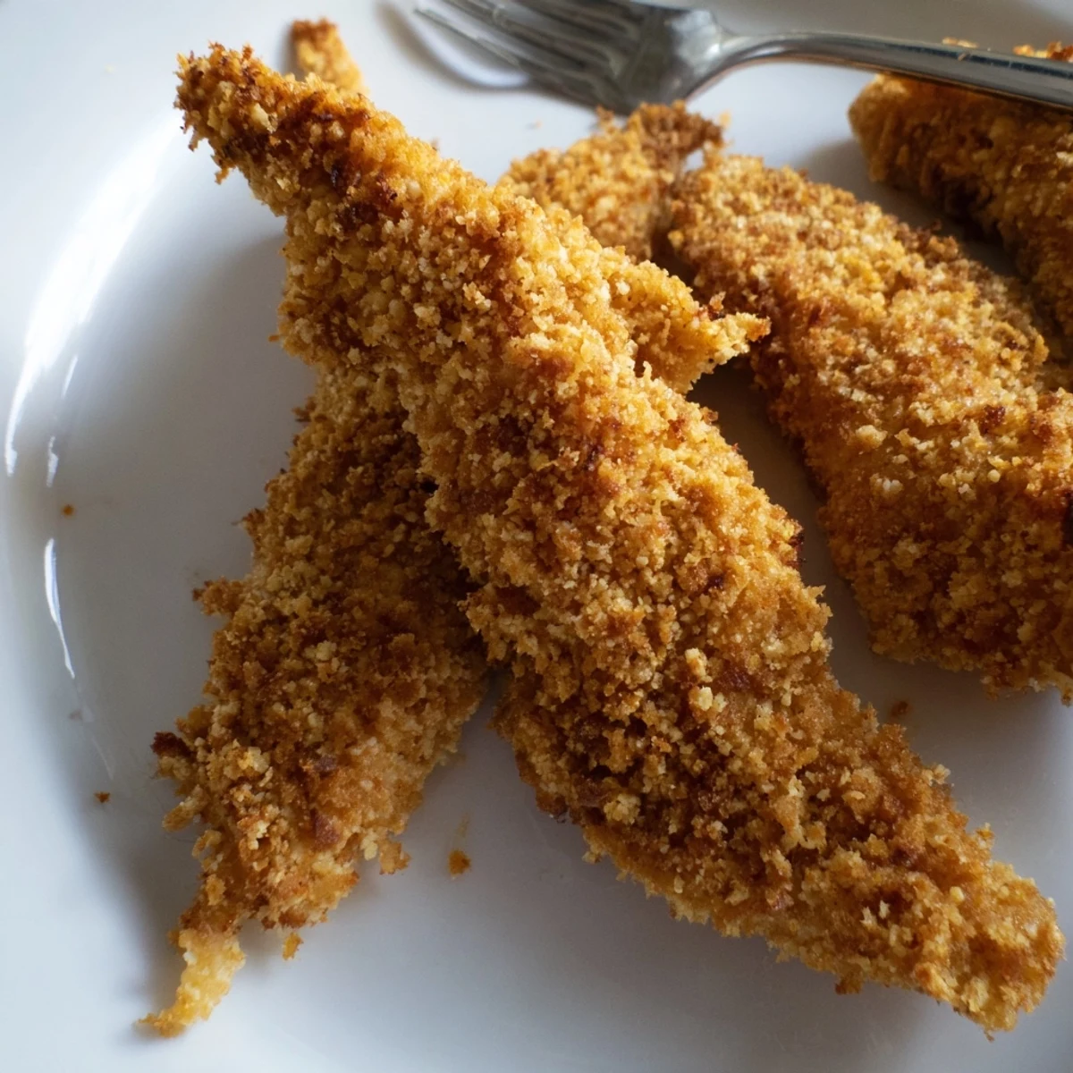 Juicy fried chicken tenders arranged on platter with honey mustard dipping sauce