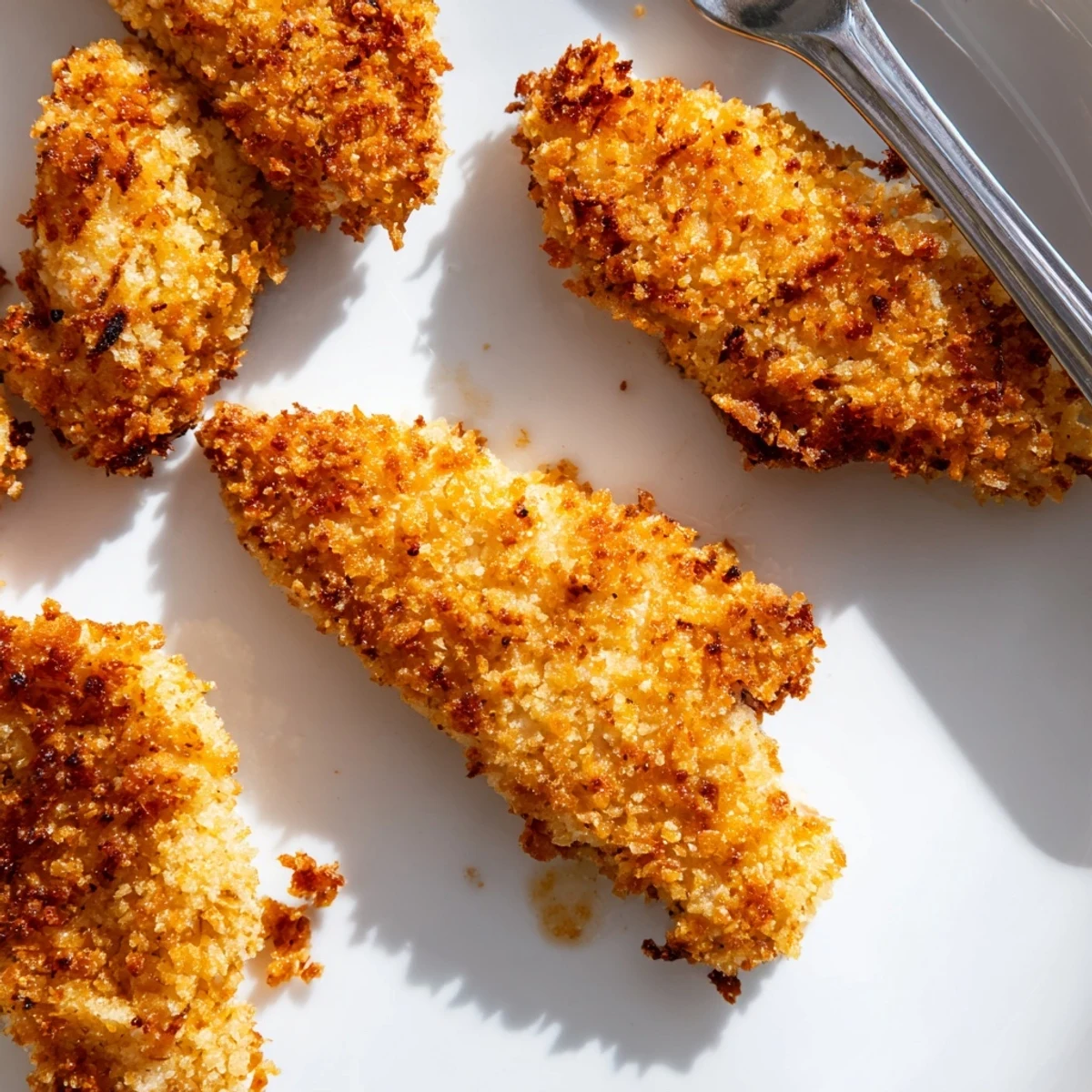 Golden brown chicken tenders with crispy breadcrumb coating served on white plate