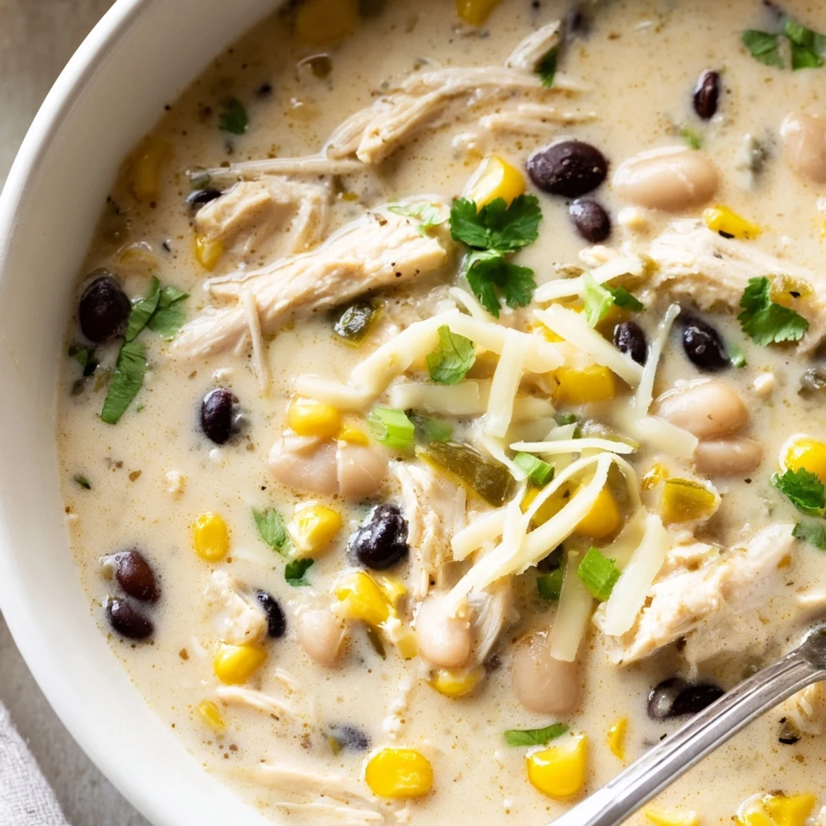 Creamy white chicken chili bowl topped with cheese, cilantro and black beans