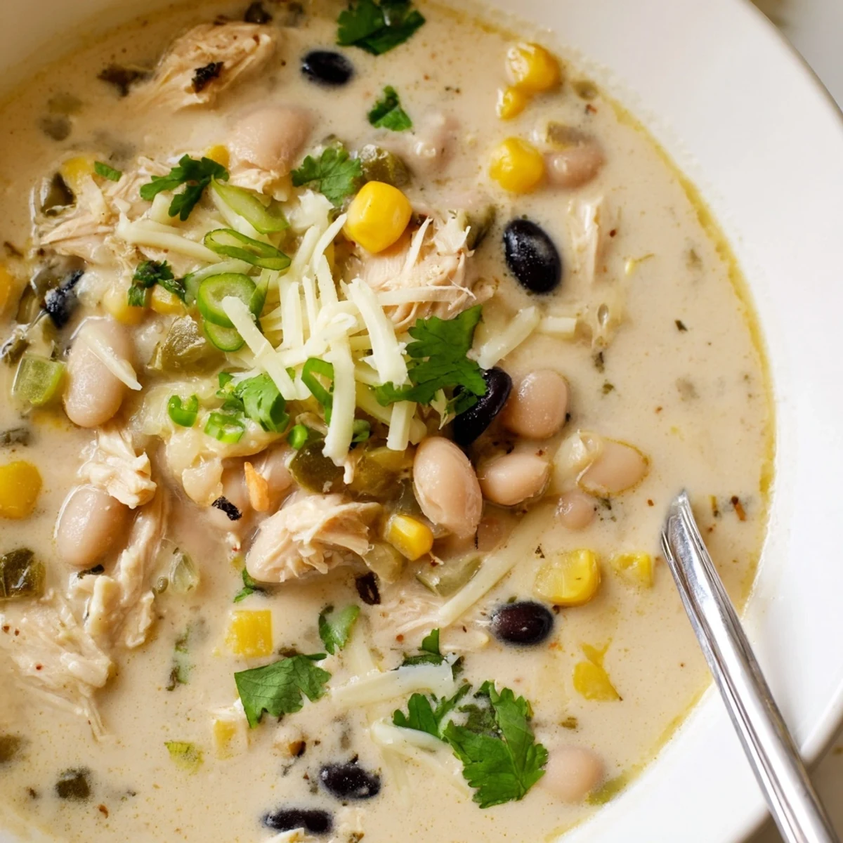 Hearty thick white chicken chili simmering with colorful vegetables and three bean varieties