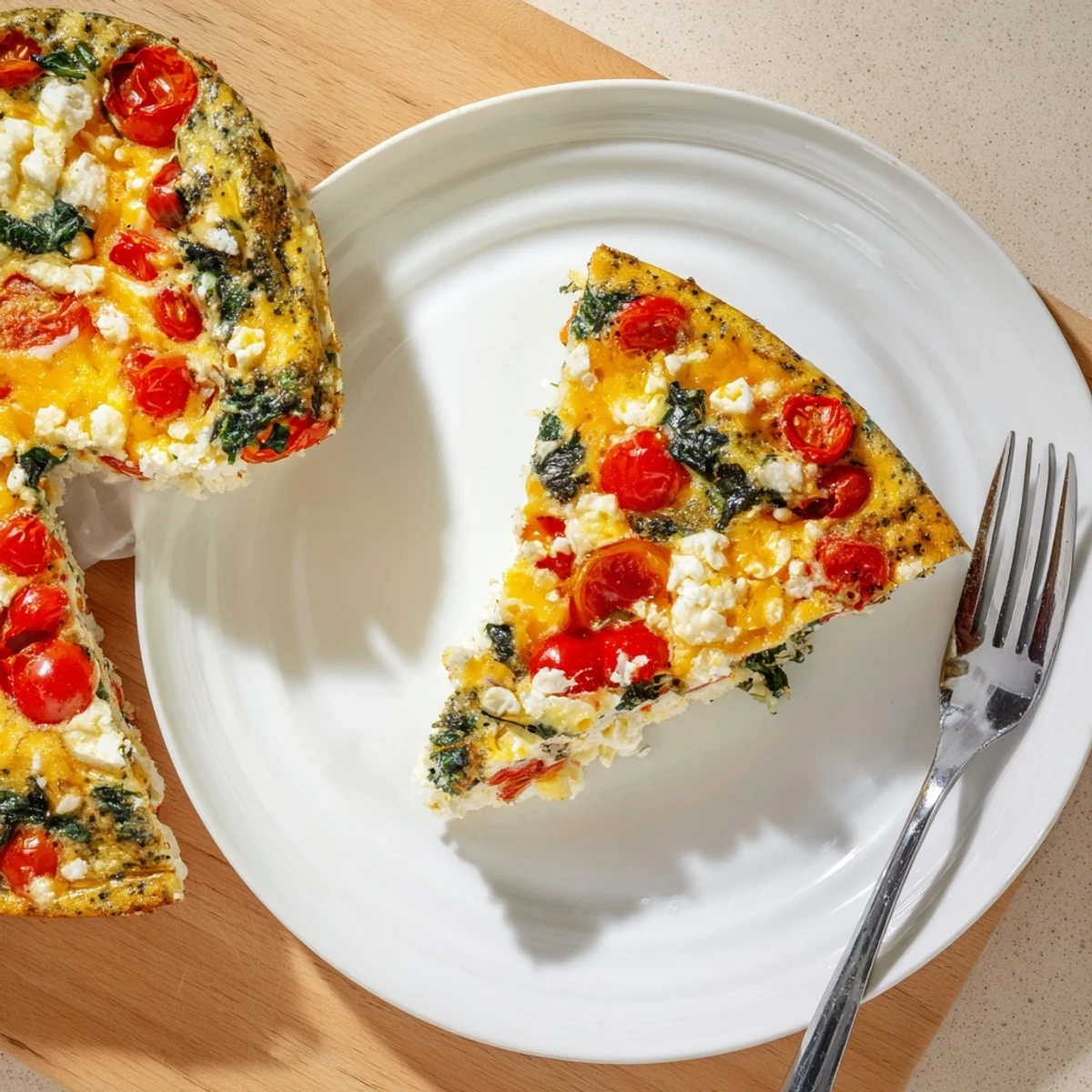Golden healthy crustless quiche with colorful vegetables and melted cheese topping