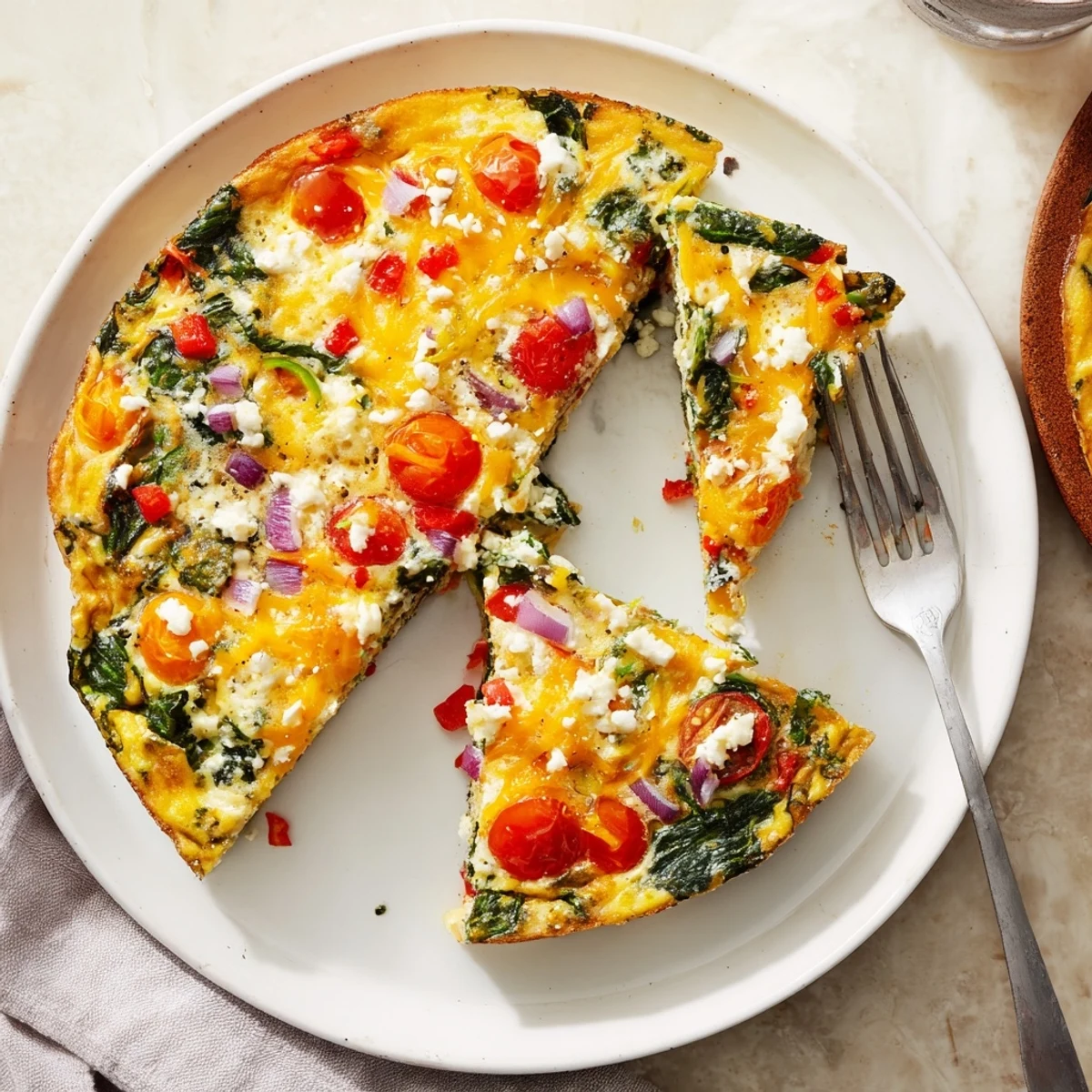 Protein-packed healthy crustless quiche featuring spinach tomatoes peppers in a golden egg custard
