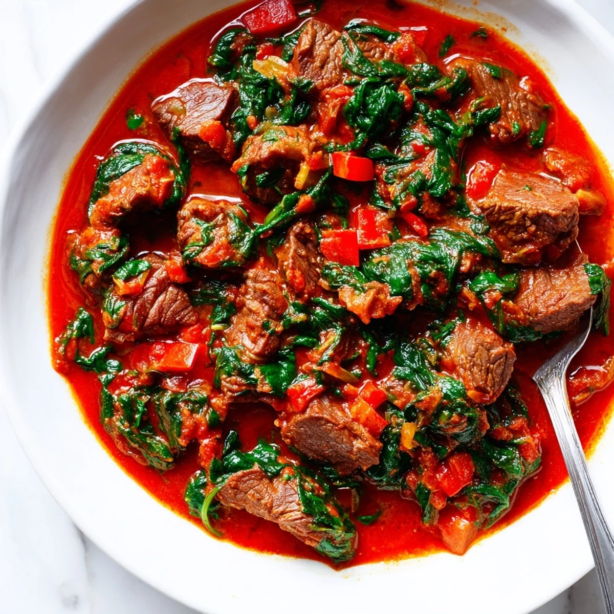 Savory Efo Riro Nigerian spinach stew featuring tender beef pieces in rich tomato pepper sauce bowl