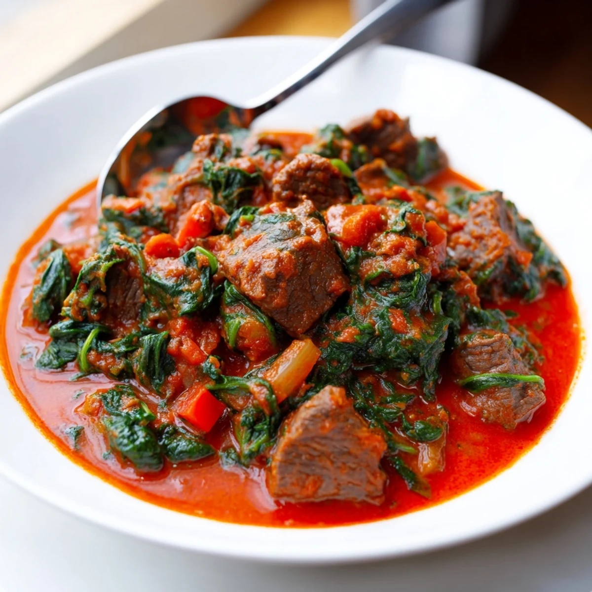 Golden red Nigerian spinach stew with beef chunks served over white rice with fresh herbs