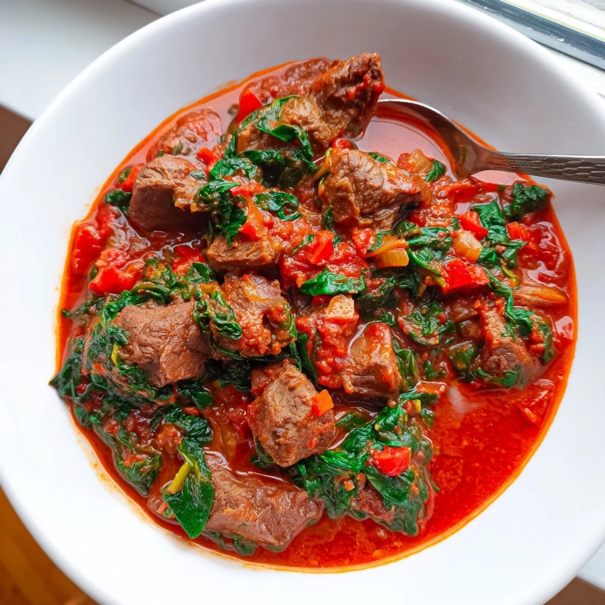 Hearty Efo Riro showcasing wilted green spinach and beef simmered in vibrant red pepper sauce