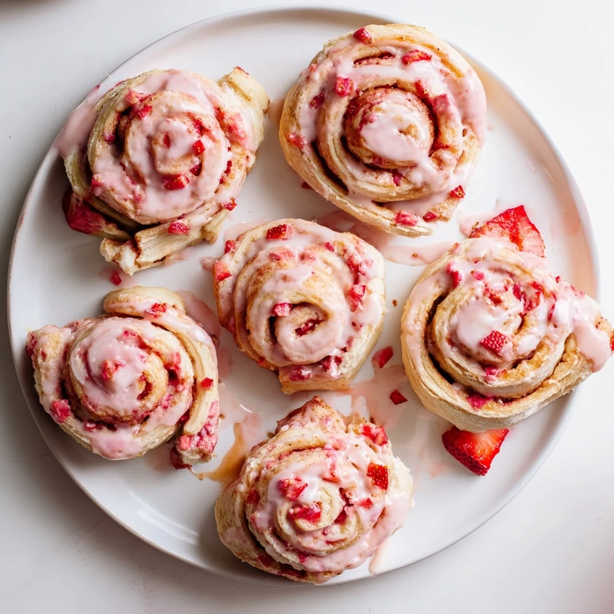Freshly baked strawberry cheesecake cinnamon rolls with creamy cheese swirls and sweet red berries drizzled with pink strawberry glaze