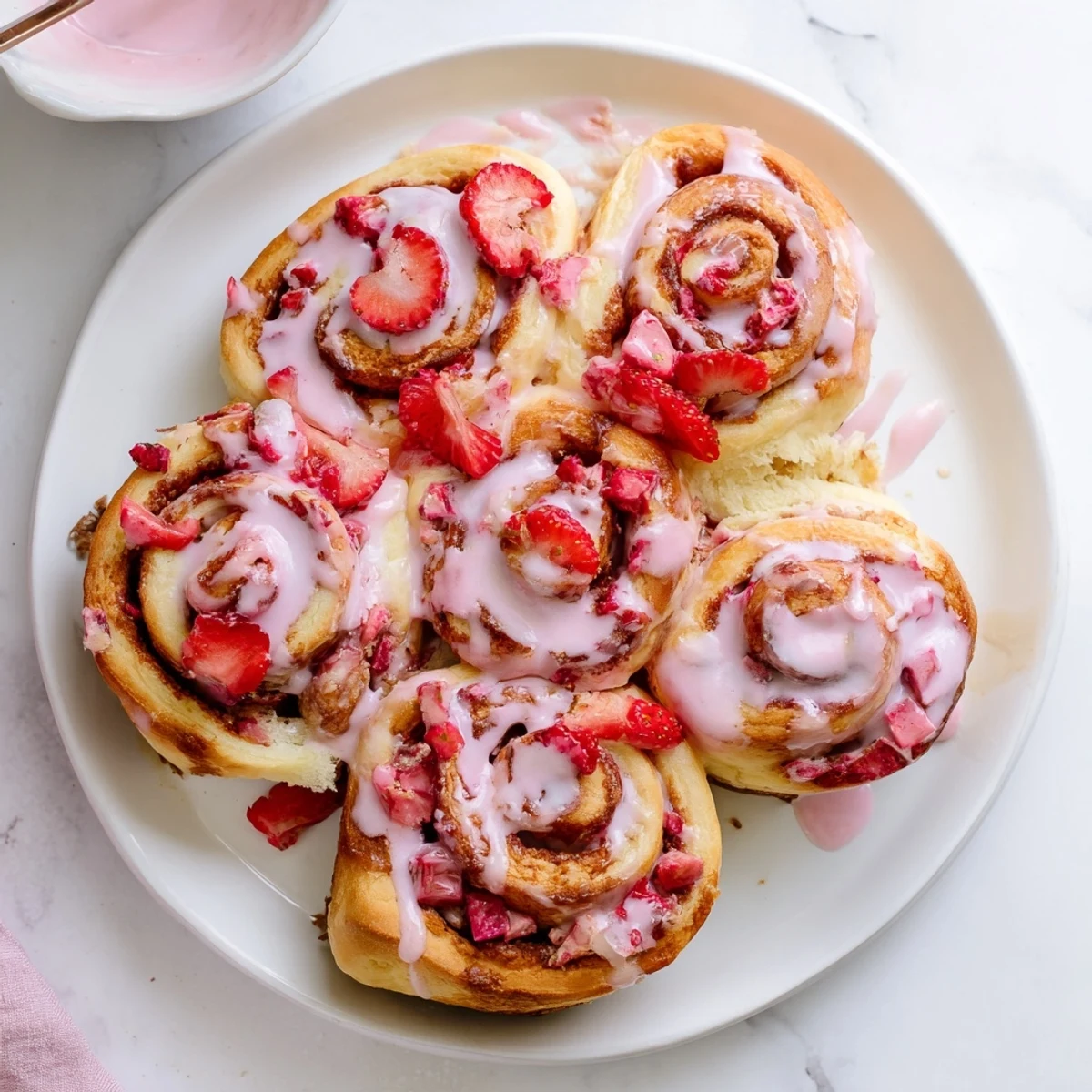 Golden brown strawberry cheesecake Cinnabon rolls oozing with cheesecake filling and topped with luscious strawberry icing on a white plate