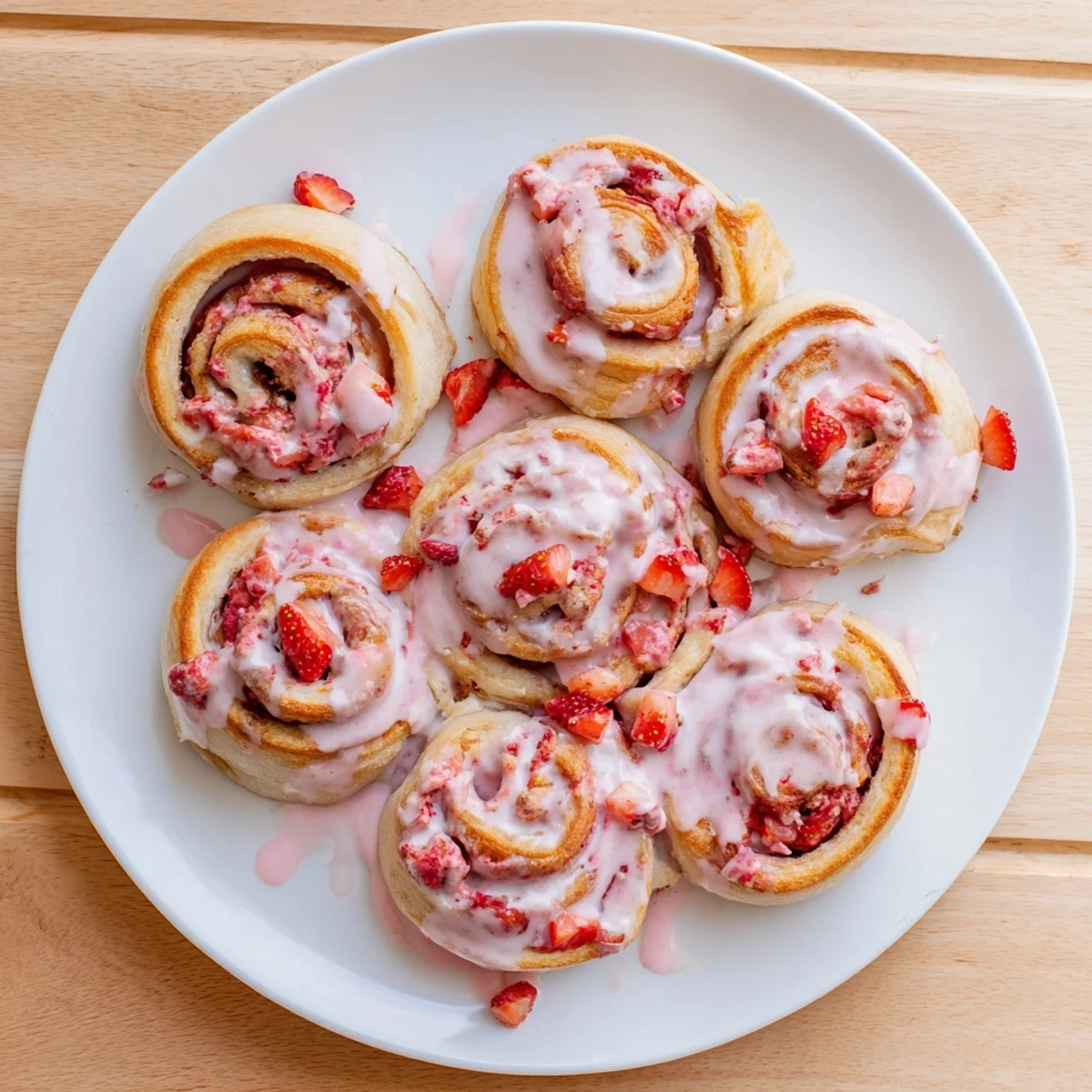 Warm homemade strawberry cheesecake cinnamon rolls sliced open revealing layers of fruity strawberry jam and smooth cream cheese filling