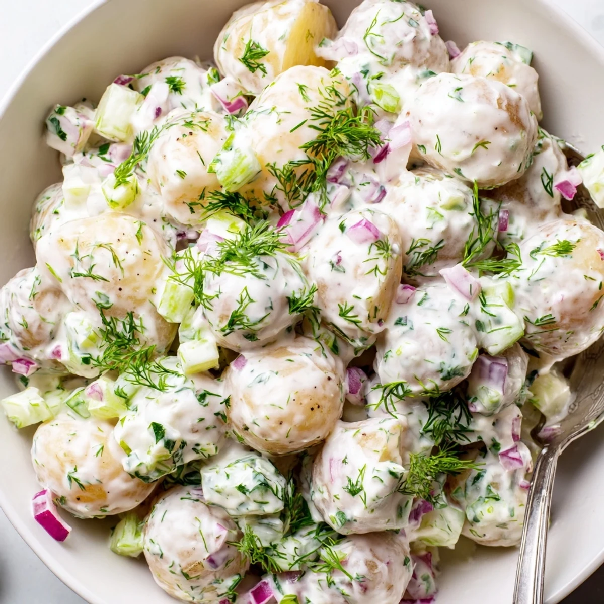 Greek yogurt potato salad bowl showing tangy dressing coating golden potatoes and colorful vegetables