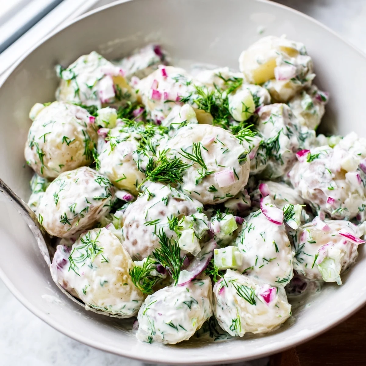Lightened-up Greek yogurt potato salad featuring tender baby potatoes and vibrant green herbs