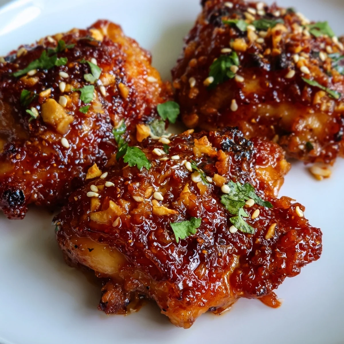 Golden sweet chili air fryer chicken thighs with crispy glazed skin and fresh cilantro garnish on a white plate