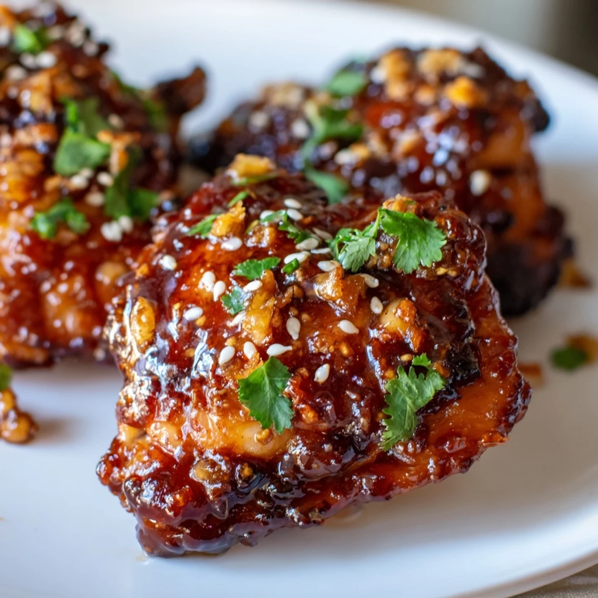 Sticky sweet chili chicken thighs fresh from the air fryer basket with caramelized edges and sesame seed topping