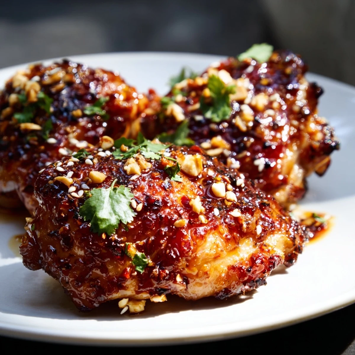 Juicy Asian-style chicken thighs coated in sweet spicy red glaze served over steamed jasmine rice with scallions
