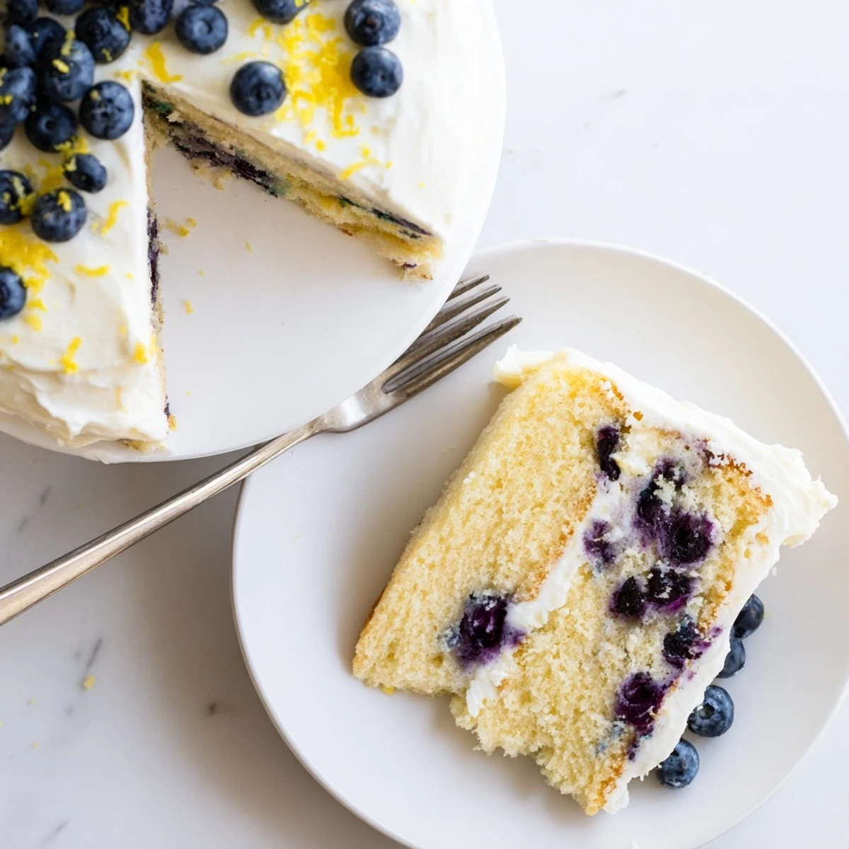 Moist lemon blueberry cake layered with tangy cream cheese frosting and fresh blueberry garnish