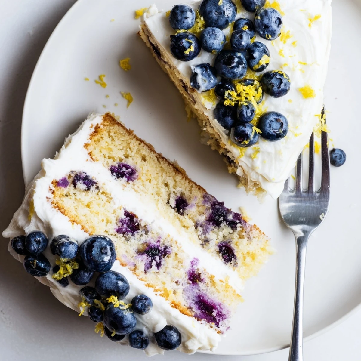 Golden lemon blueberry cake slice revealing purple berries and fluffy lemon frosting inside