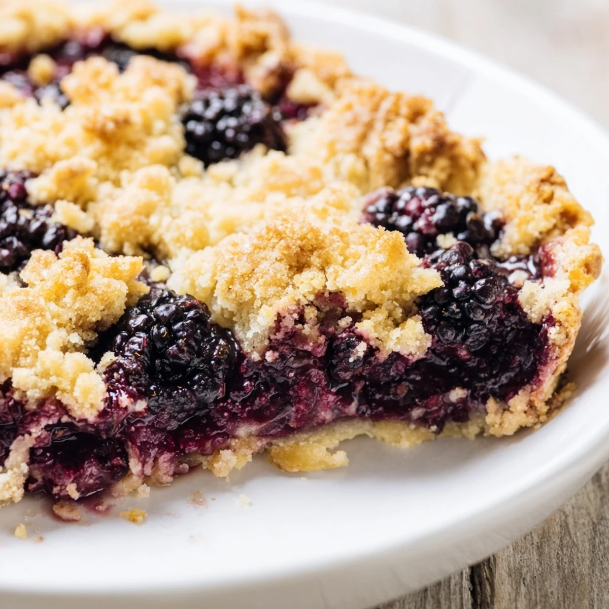 Golden blackberry crumble bars with bubbling purple fruit and buttery oat crumble topping
