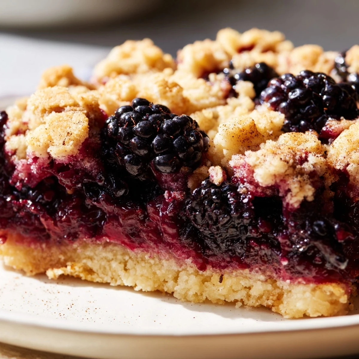 Baked blackberry crumble bars sliced into squares with tender shortbread crust and sweet jammy filling