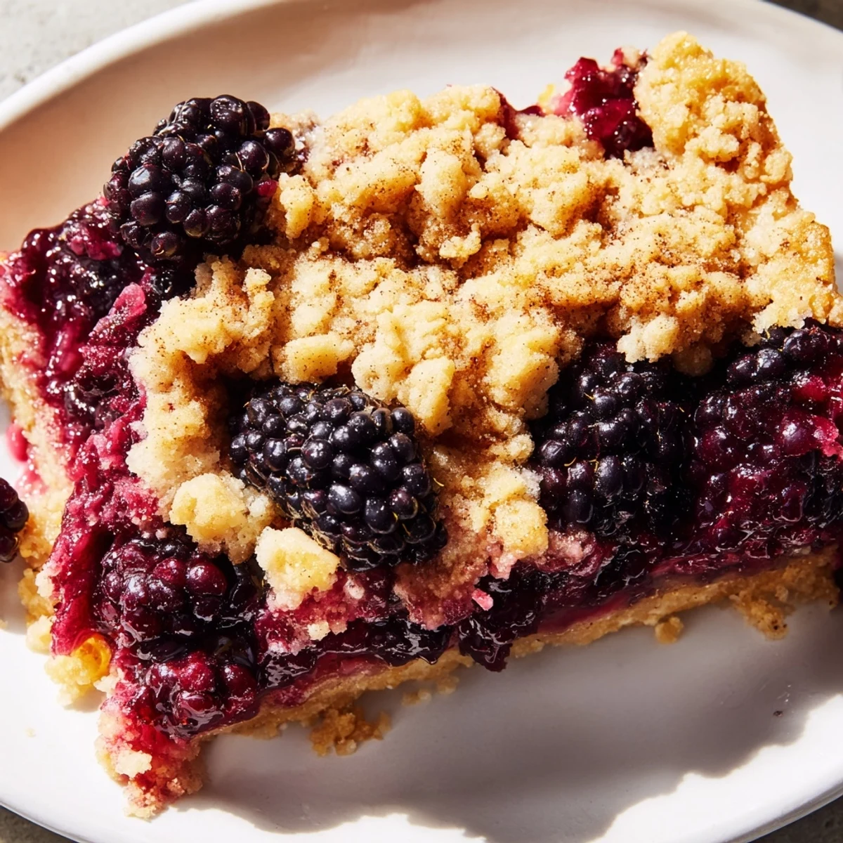 Homemade blackberry crumble bars on a cooling rack with golden brown crumb topping and oozing purple berry filling