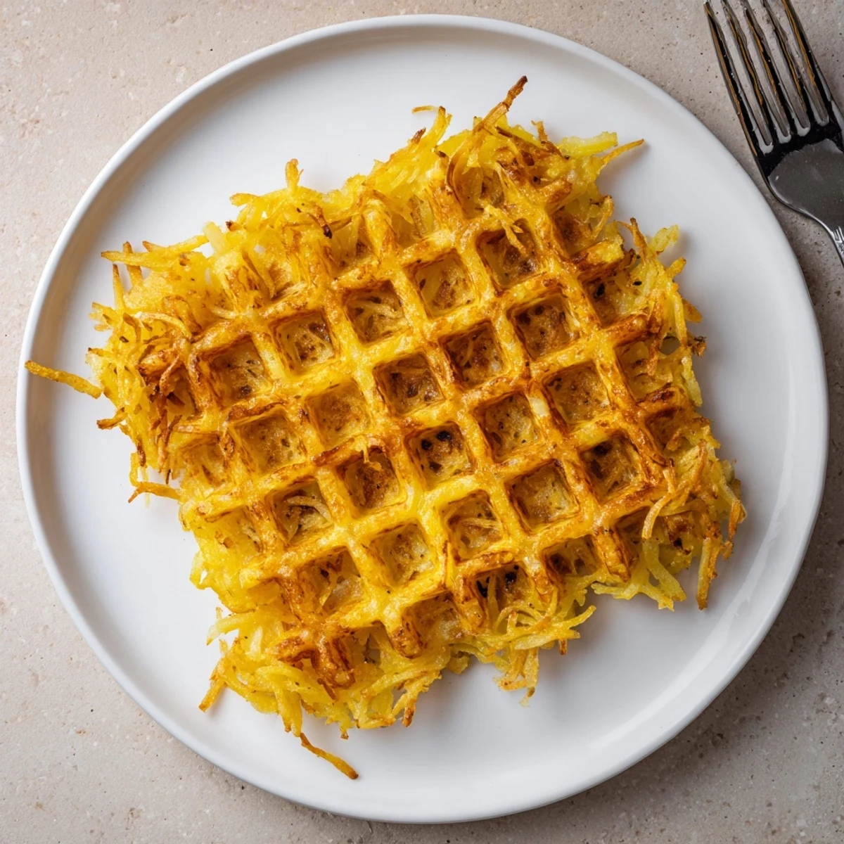 Golden brown crispy waffle iron hashbrowns with deep ridges and caramelized edges on a white plate