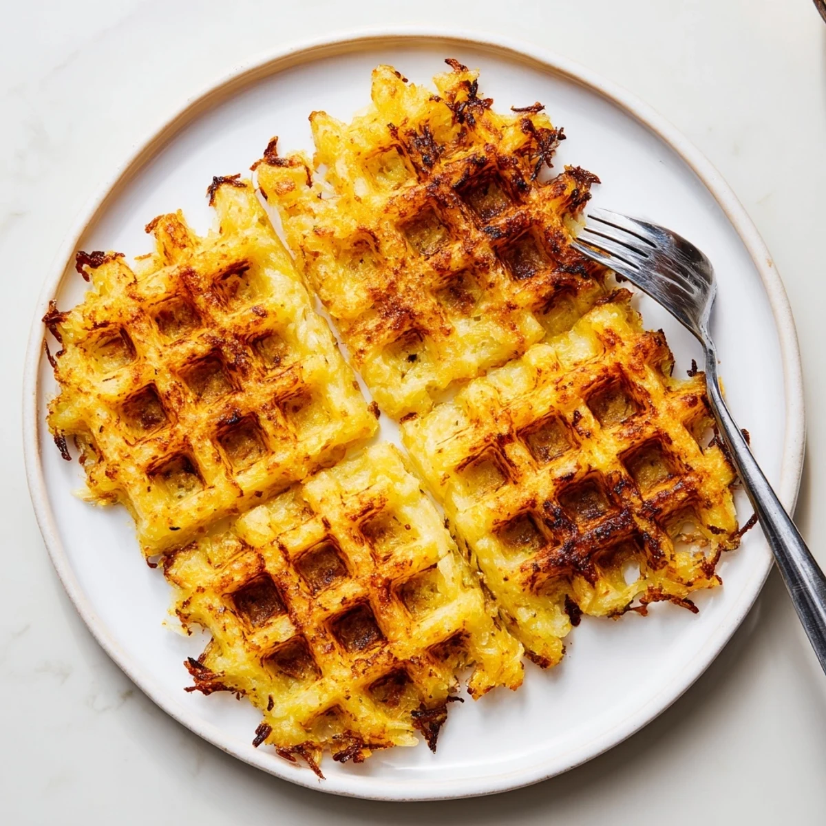 Steaming hot waffle iron hashbrowns plated with melted butter and fresh chives for a hearty breakfast