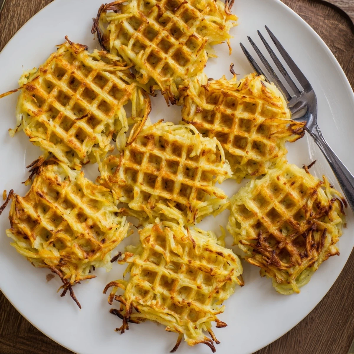 Close-up of extra crispy waffle iron hashbrowns showing golden lattice pattern and fluffy potato interior
