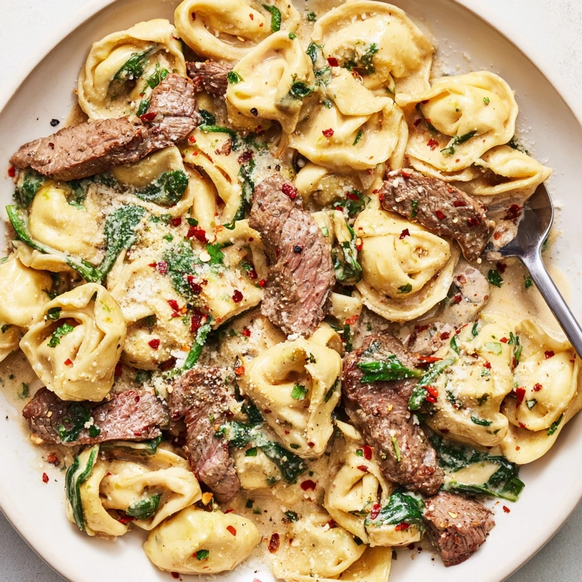 Savory garlic steak tortellini plated with fresh parsley and extra Parmesan cheese sprinkled on top