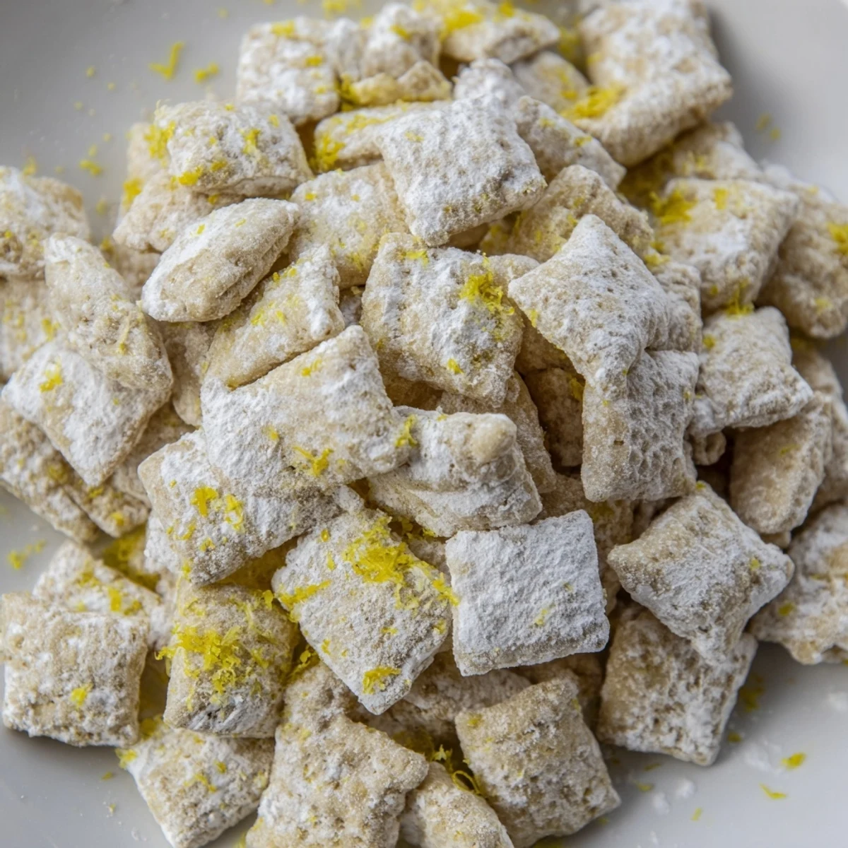 Golden white chocolate coated cereal pieces dusted with powdered sugar and bright lemon zest for a refreshing Lemonade Puppy Chow snack