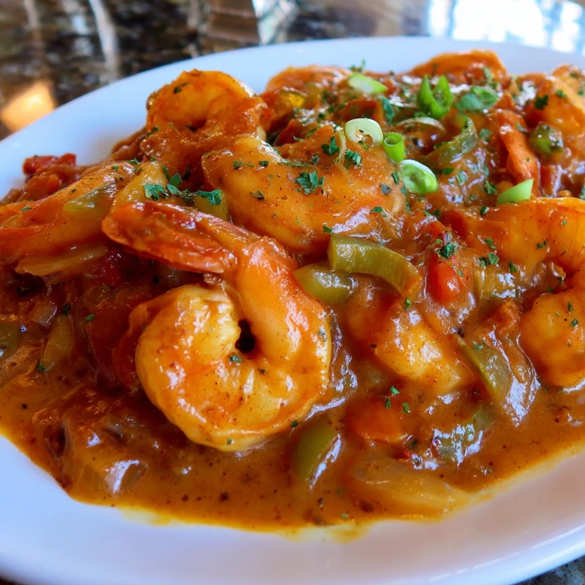 Golden Shrimp Étouffée featuring tender plump shrimp in a rich dark roux sauce over steaming white rice