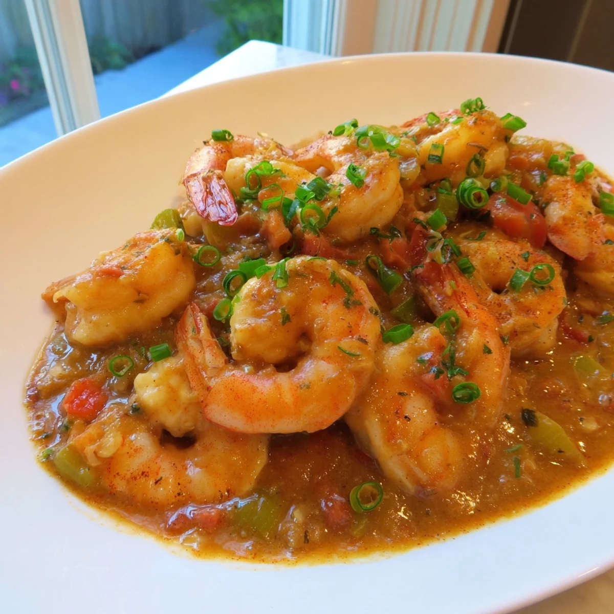 Creole Shrimp Étouffée with juicy shrimp nestled in spicy thick sauce and fluffy rice garnished with green onions