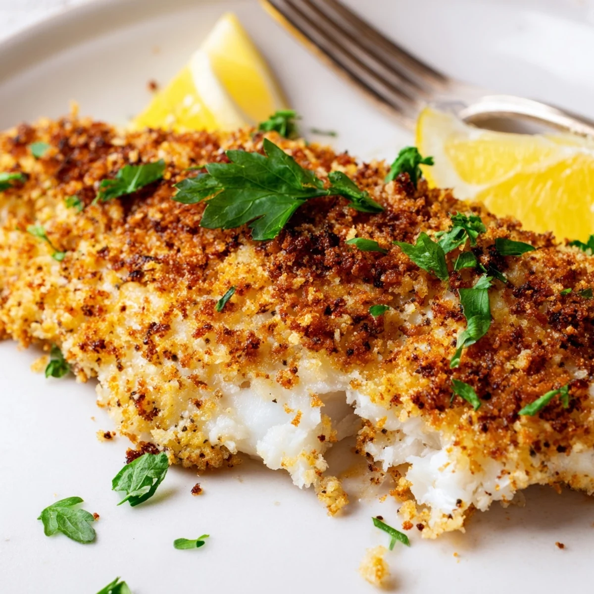 Golden air fryer tilapia with crispy panko Parmesan crust served with fresh lemon wedges