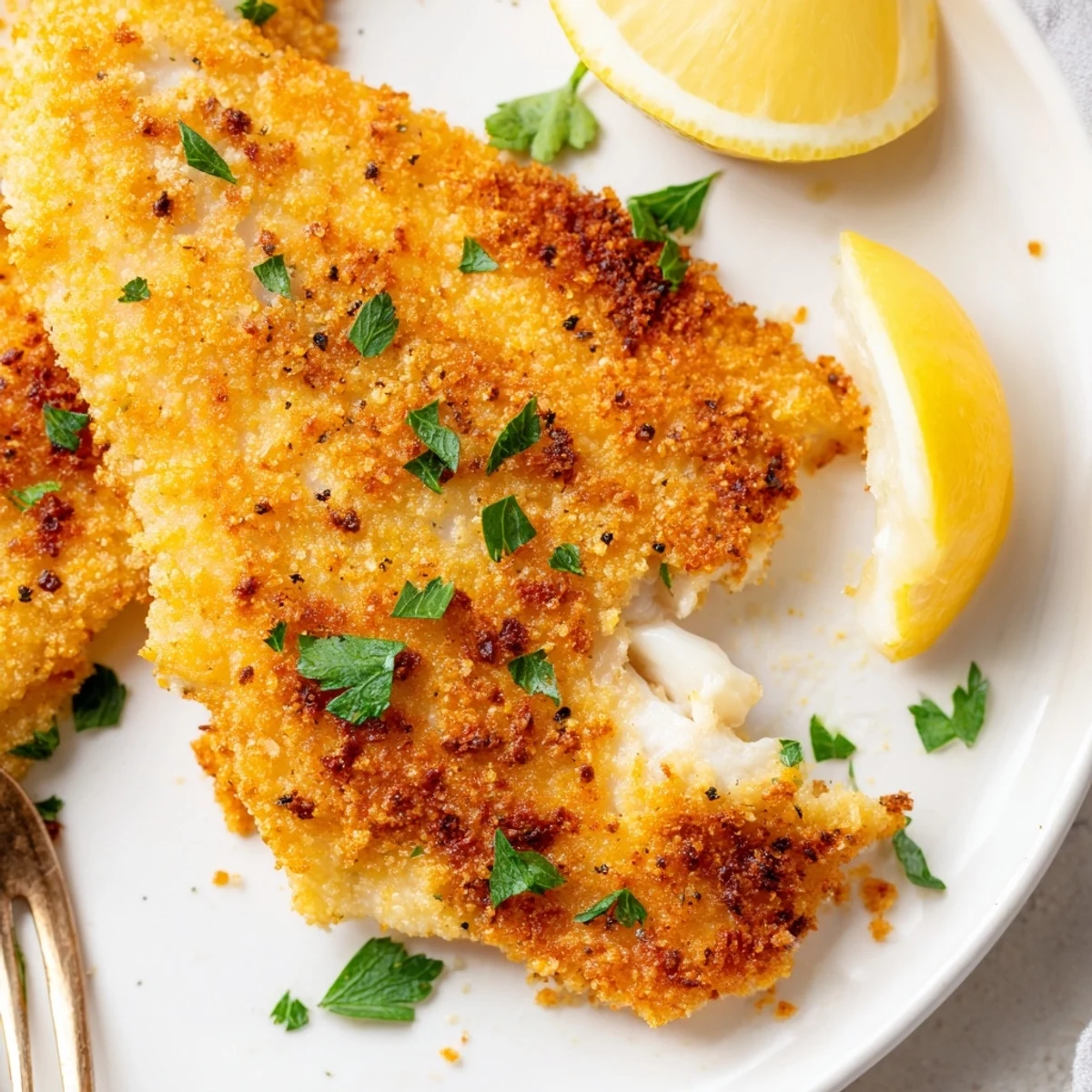 Easy crispy tilapia in air fryer with seasoned breadcrumb coating and parsley garnish