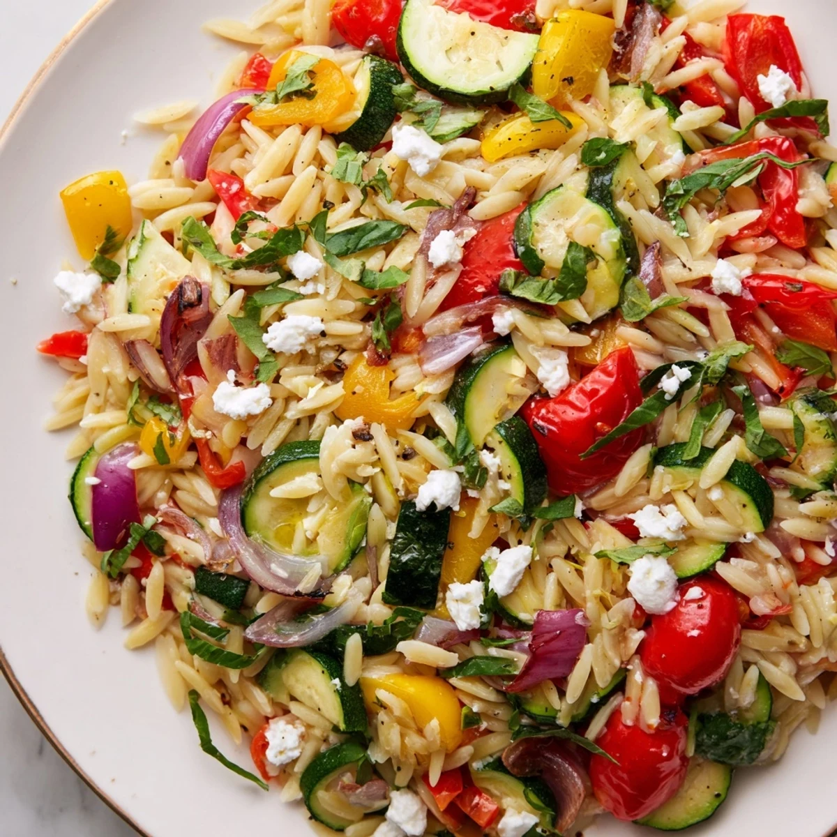 Golden roasted vegetable orzo pasta tossed with colorful Mediterranean peppers, zucchini, and fresh herbs
