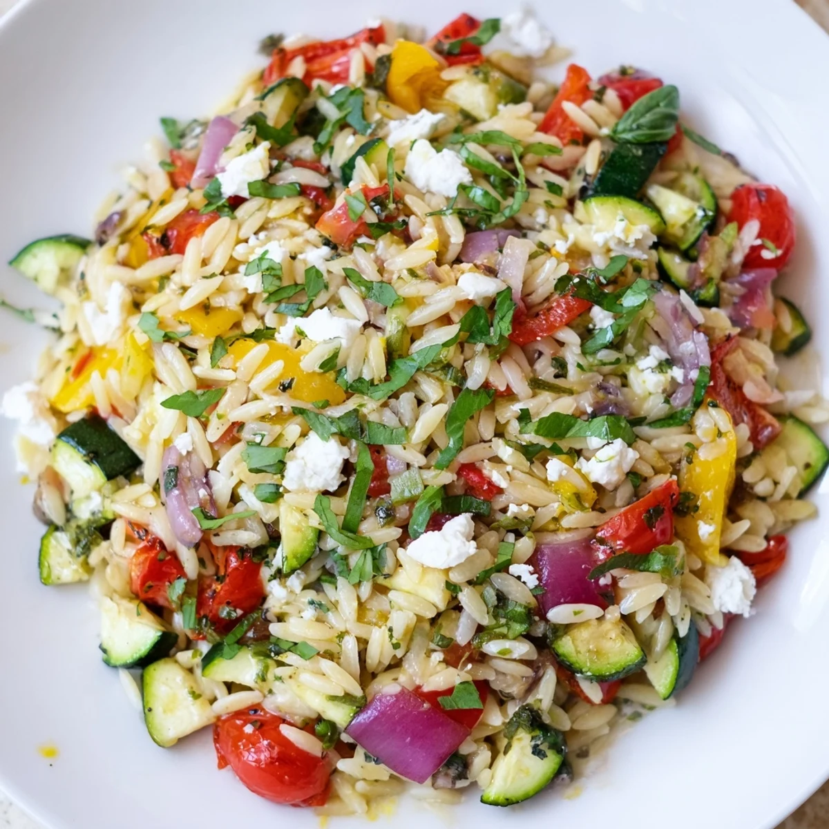 Bowl of tasty roasted vegetable orzo topped with crumbled feta, basil, and bright lemon zest