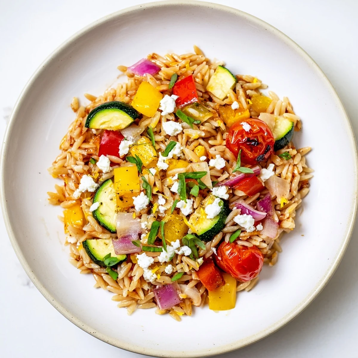 Fork lifting tender orzo mixed with charred bell peppers, cherry tomatoes, and fragrant parsley garnish