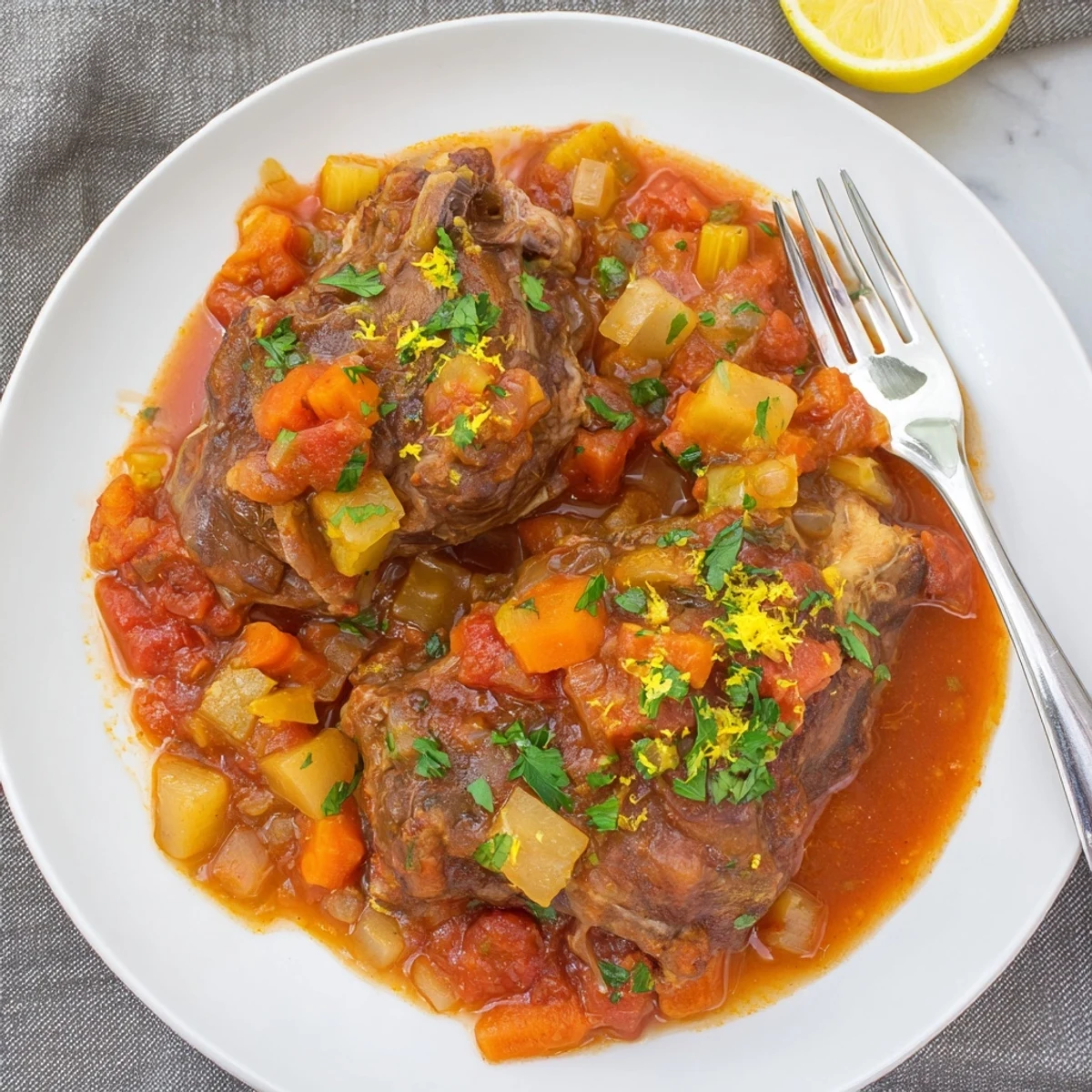 Golden brown Osso Buco à la Ina Garten braised in rich tomato wine sauce with tender meat