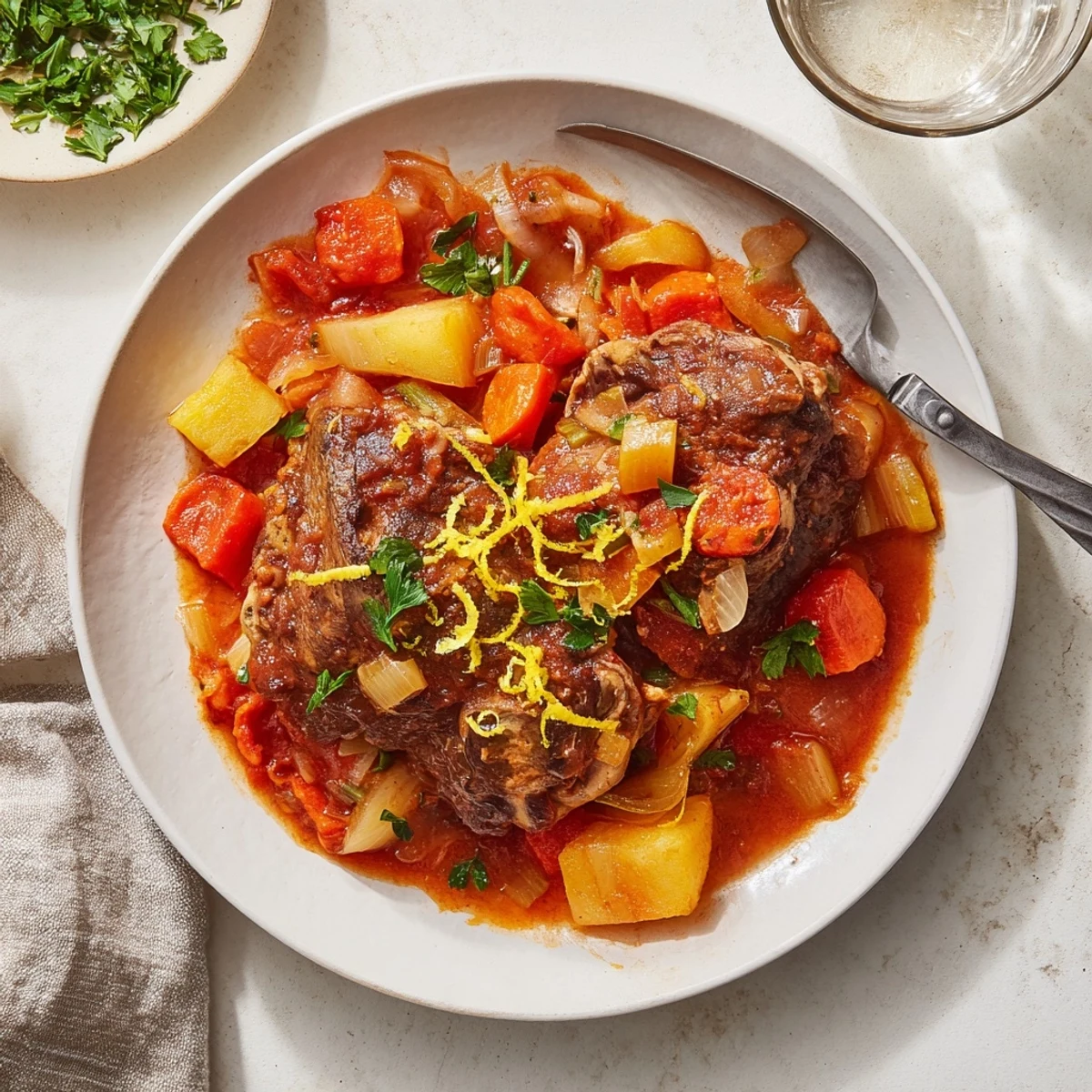 Fork-tender veal shanks in Ina Garten's Osso Buco nestled in aromatic vegetable broth