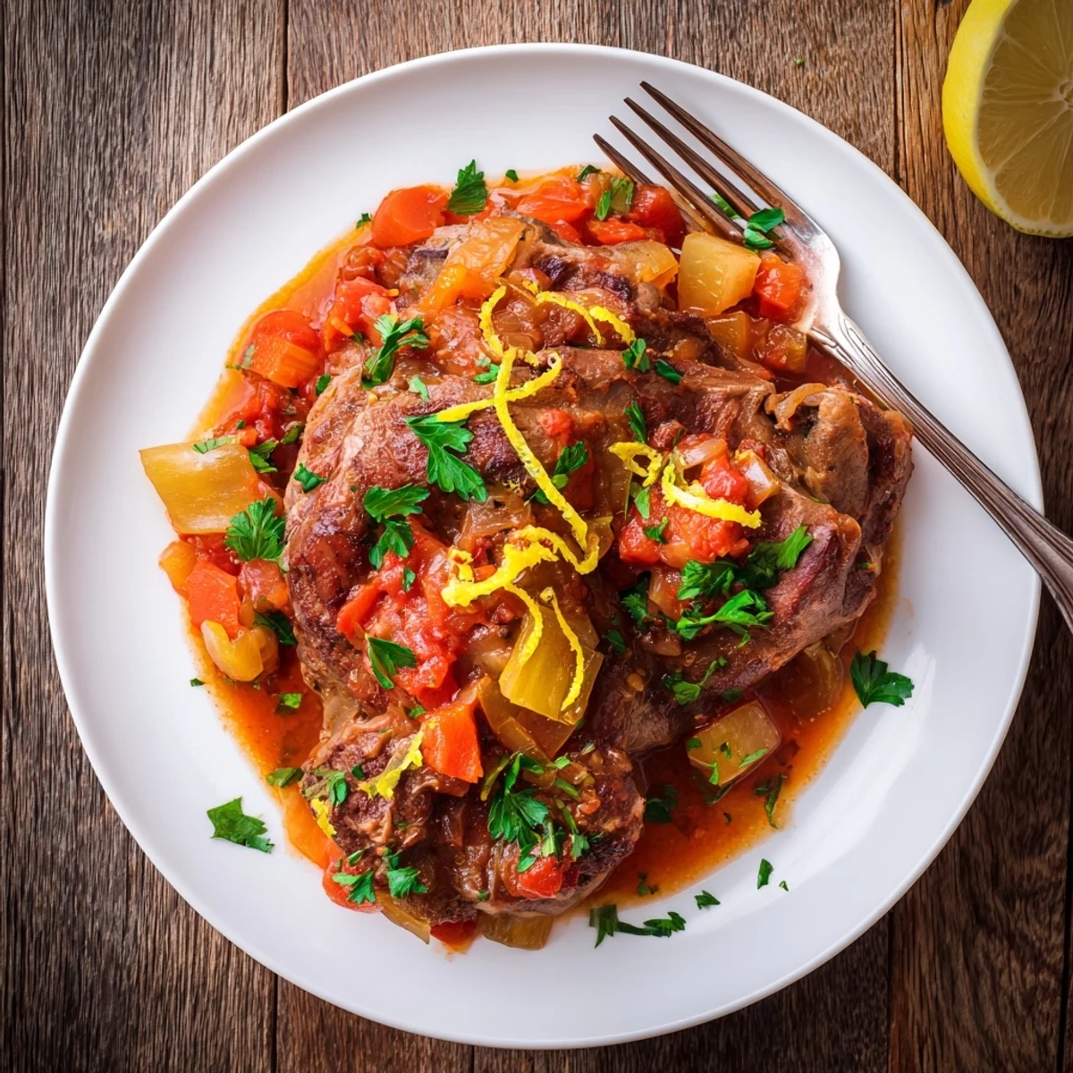Slow-cooked Osso Buco à la Ina Garten with gremolata garnish over braised veal shanks