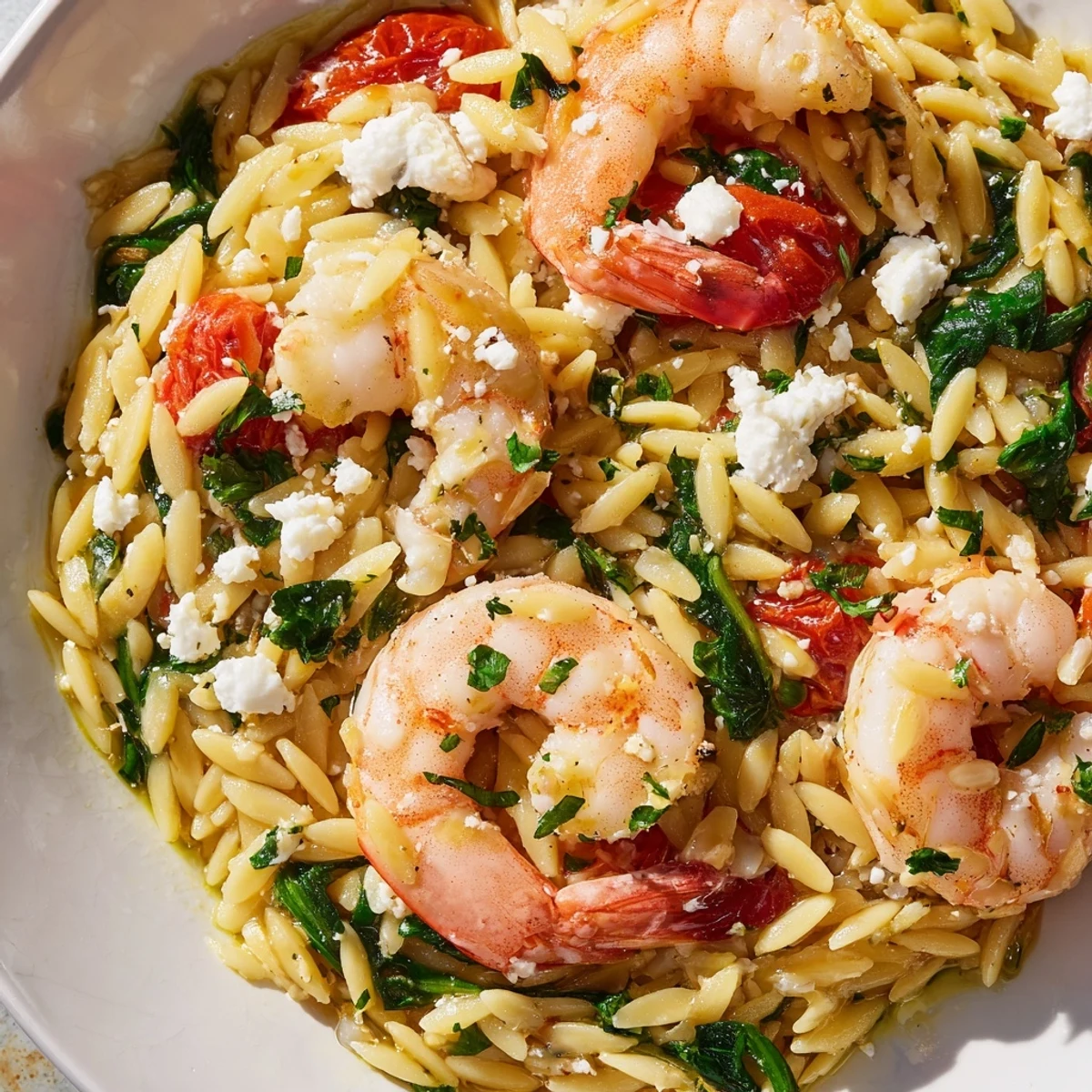 Golden pan-seared shrimp nestled in lemon feta orzo with fresh spinach and crumbled feta cheese
