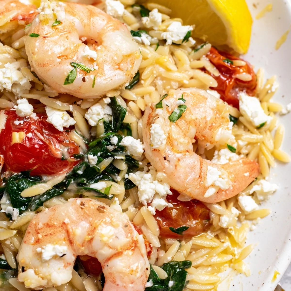 Mediterranean shrimp and orzo pasta tossed with zesty lemon juice and creamy feta crumbles