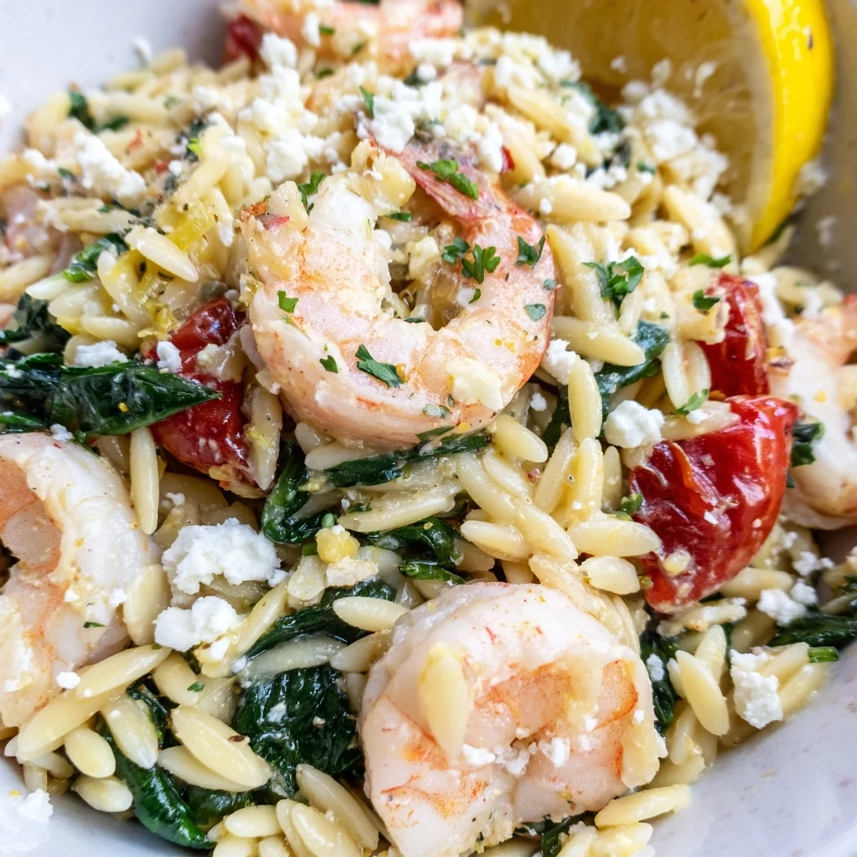 Creamy lemon feta orzo with plump pink shrimp, cherry tomatoes, and bright parsley garnish