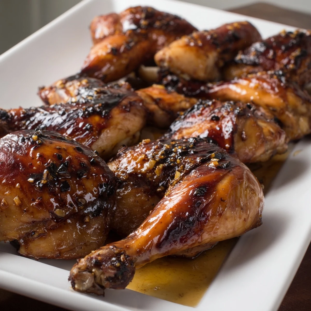 Marinated chicken pieces baking until sticky and glazed with garlic ginger soy sauce honey mixture