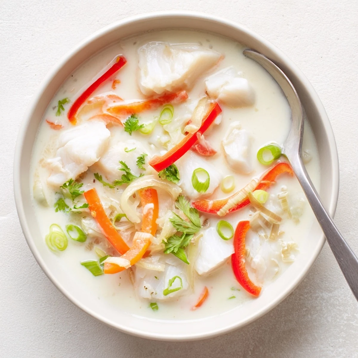 Creamy coconut lime fish soup with tender white fish chunks and vibrant vegetables in a rich broth