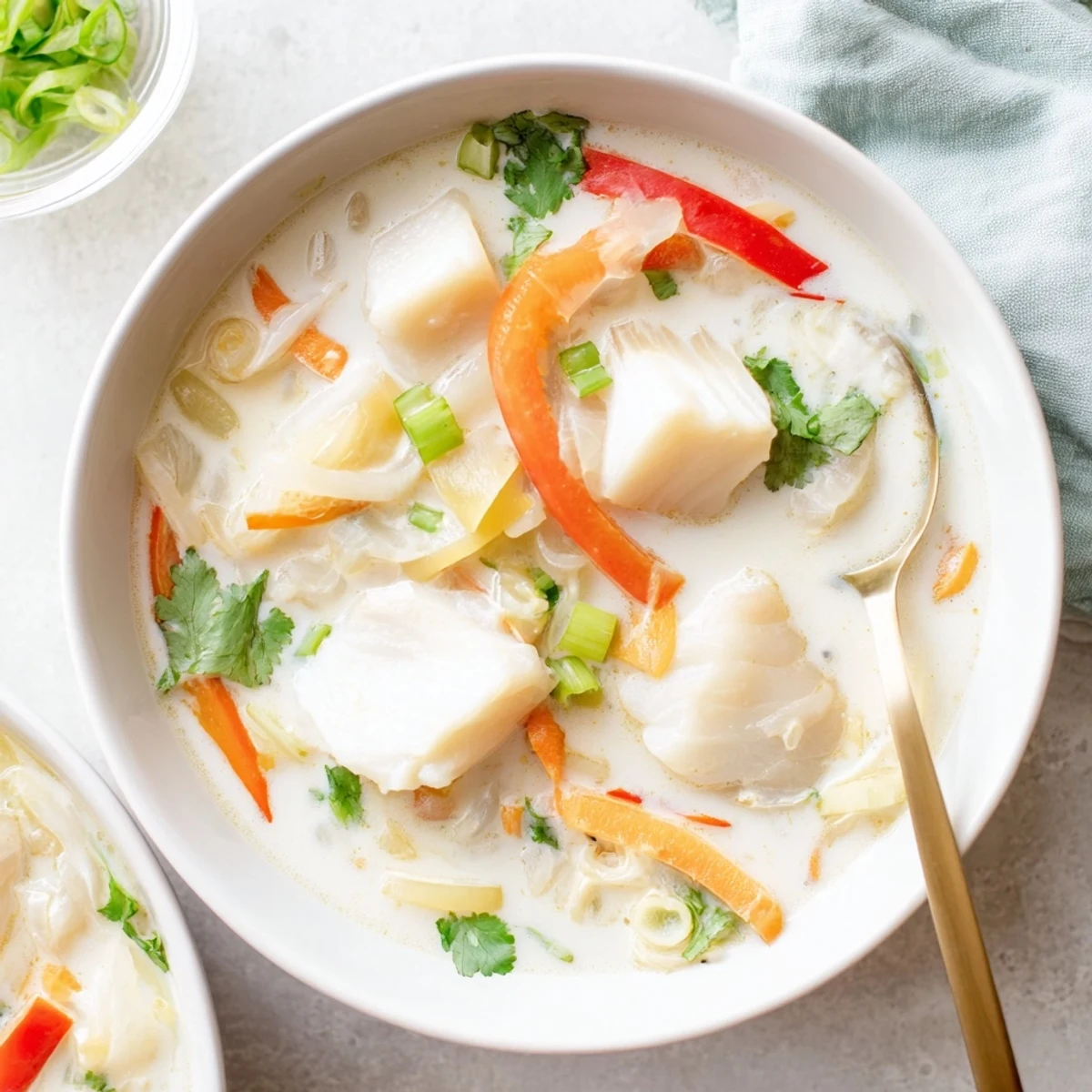 Steaming bowl of coconut lime fish soup garnished with fresh cilantro and green onions