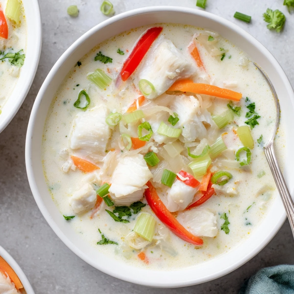 Homemade fish soup featuring silky coconut milk base with zesty lime and colorful vegetables