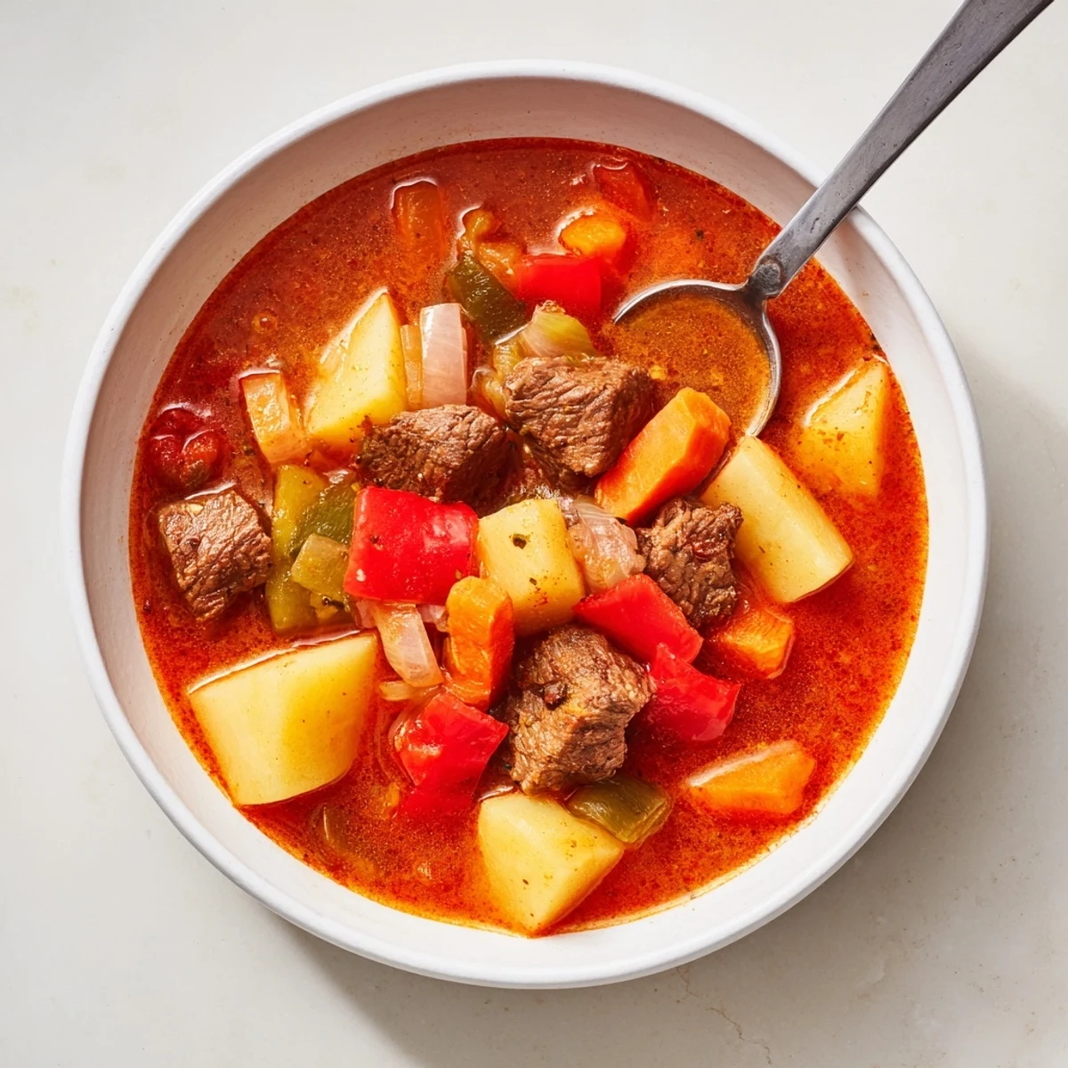 Steaming bowl of Hungarian Gulyás featuring tender beef chunks and colorful vegetables in rich paprika-infused broth