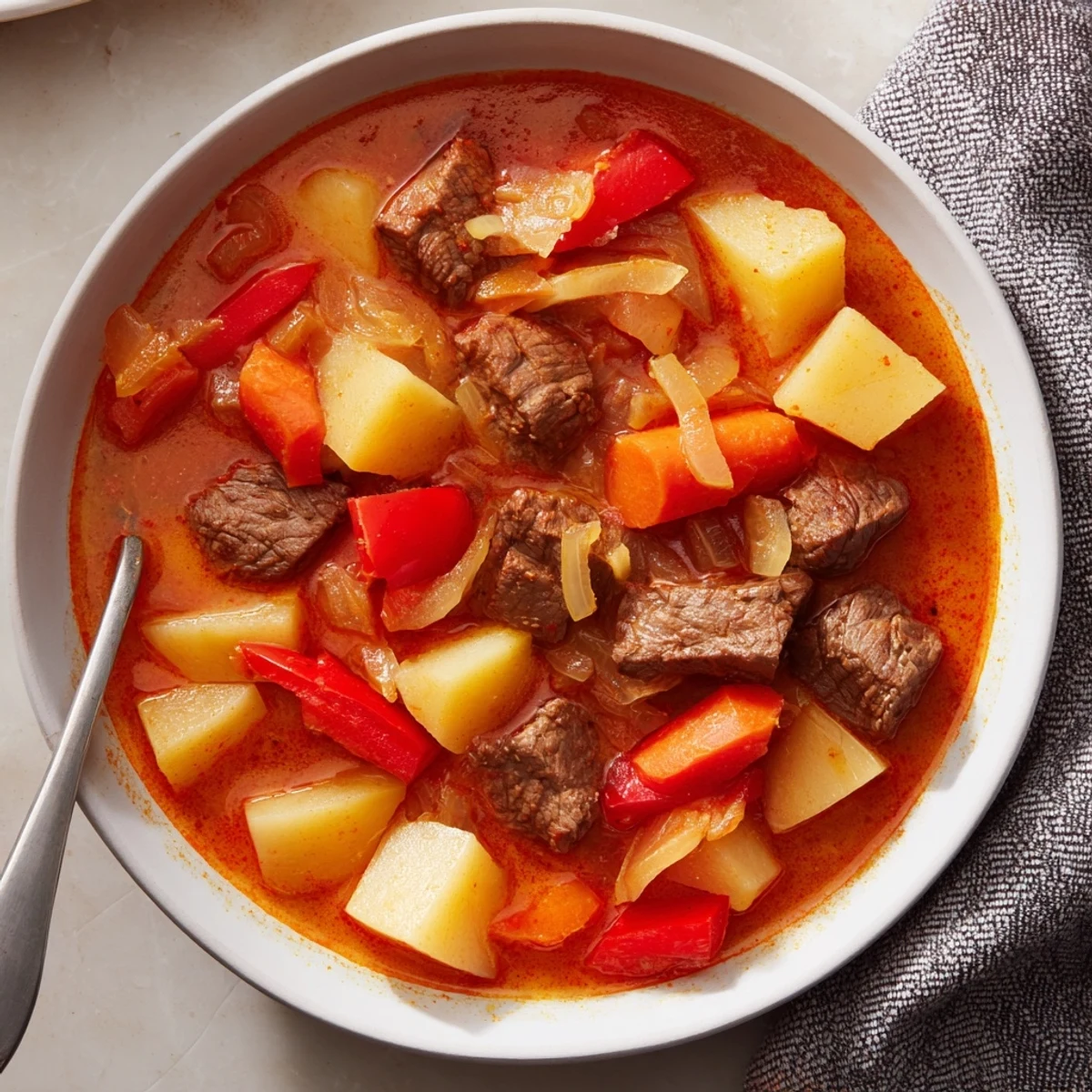 Hearty Hungarian Gulyás stew with fork-tender beef, potatoes, and carrots served in rustic earthenware bowl
