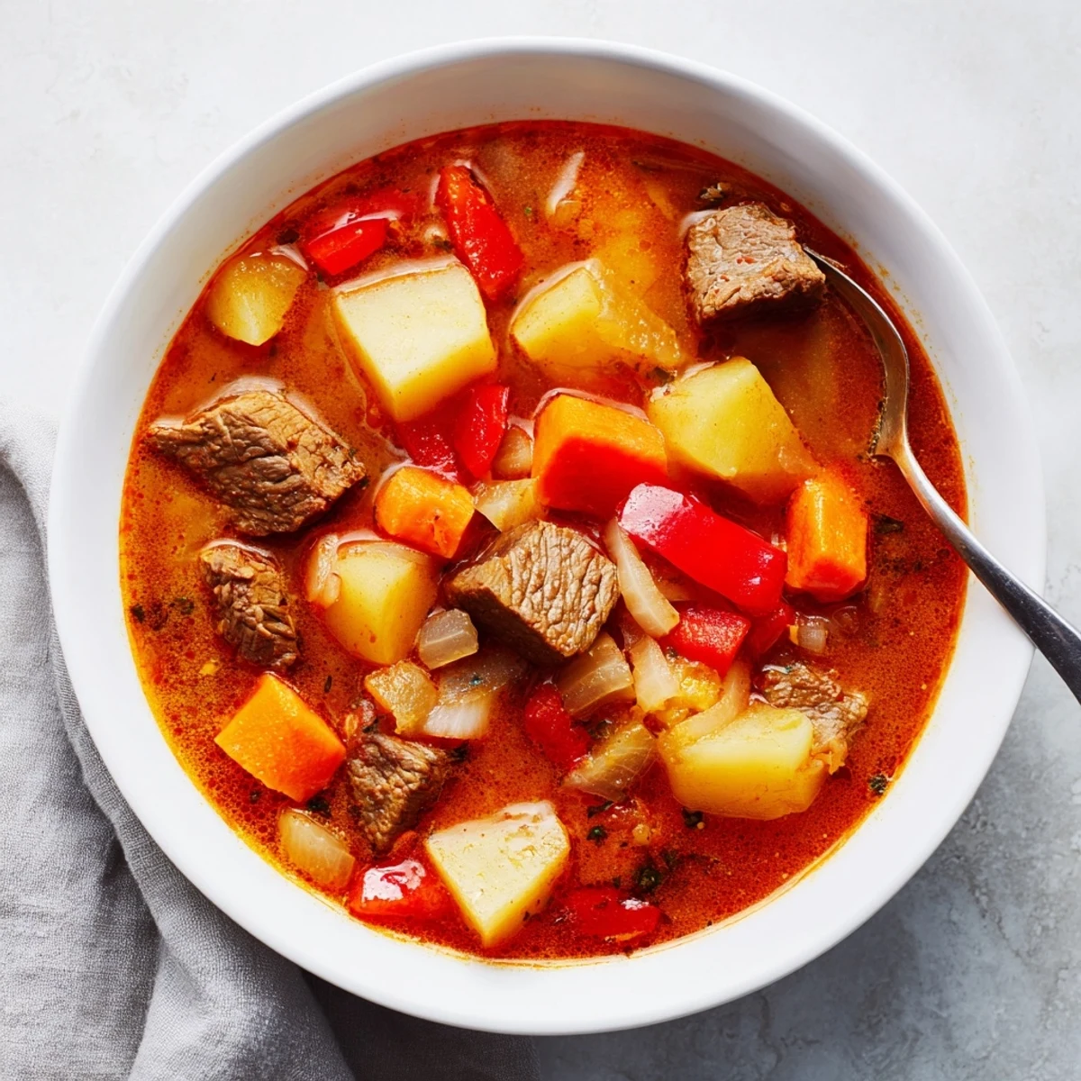 Golden Hungarian Gulyás brimming with beef cubes and root vegetables garnished with fresh parsley