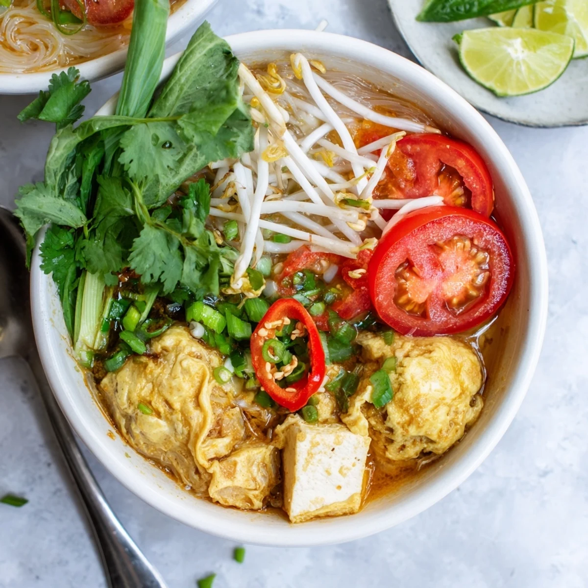 Steaming bowl of Vietnamese Bun Rieu crab noodle soup with fluffy crab egg clouds, tomatoes, tofu cubes, and rice vermicelli in aromatic red broth