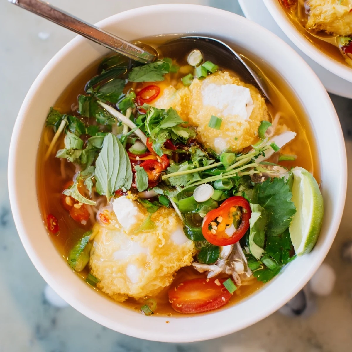 Vibrant Bun Rieu soup featuring tender crab dumplings, fresh herbs, bean sprouts, and fried shallots garnish over vermicelli noodles
